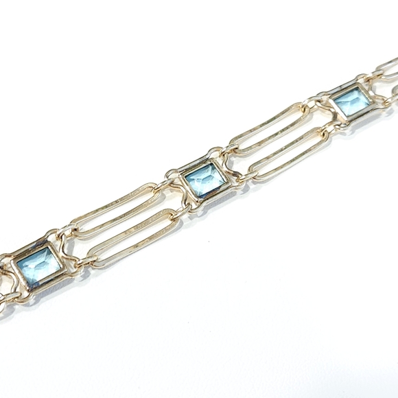 Sturdy 12K Gold Filled Blue Glass Faux Topaz Art Deco Vintage Bracelet 40s 50s - Picture 15 of 16